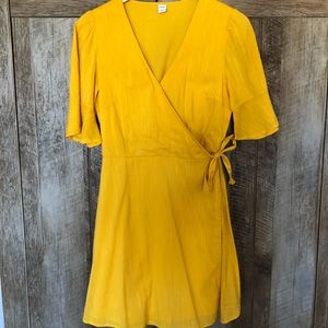 Yellow Bell Sleeve Faux-Wrap Dress